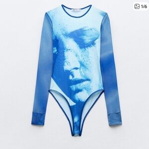 Zara Blue Printed Tulle Bodysuit size XS